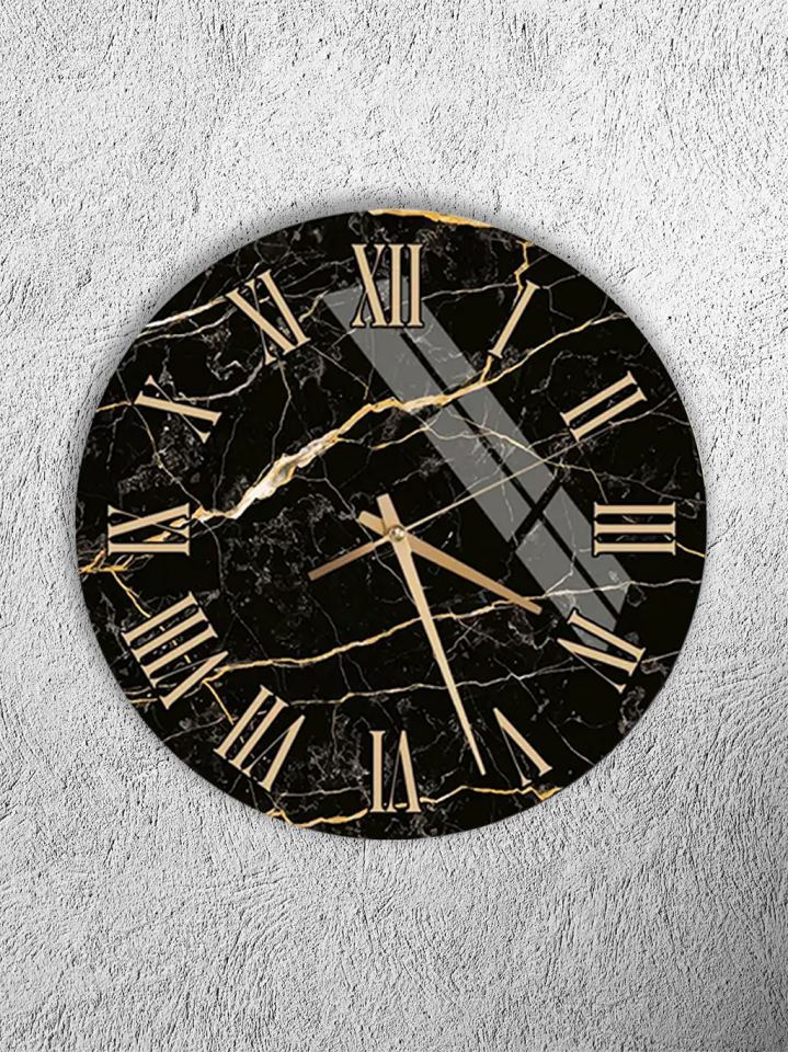 KIRILMAZ CAM DUVAR SAATİ , HEM TABLO HEM SAAT SİYAH MERMER GOLD DAMARLI KLASİK LÜKS DEKOR EV OFİS HEDİYESİ