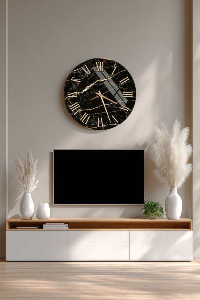 KIRILMAZ CAM DUVAR SAATİ , HEM TABLO HEM SAAT SİYAH MERMER GOLD DAMARLI KLASİK LÜKS DEKOR EV OFİS HEDİYESİ