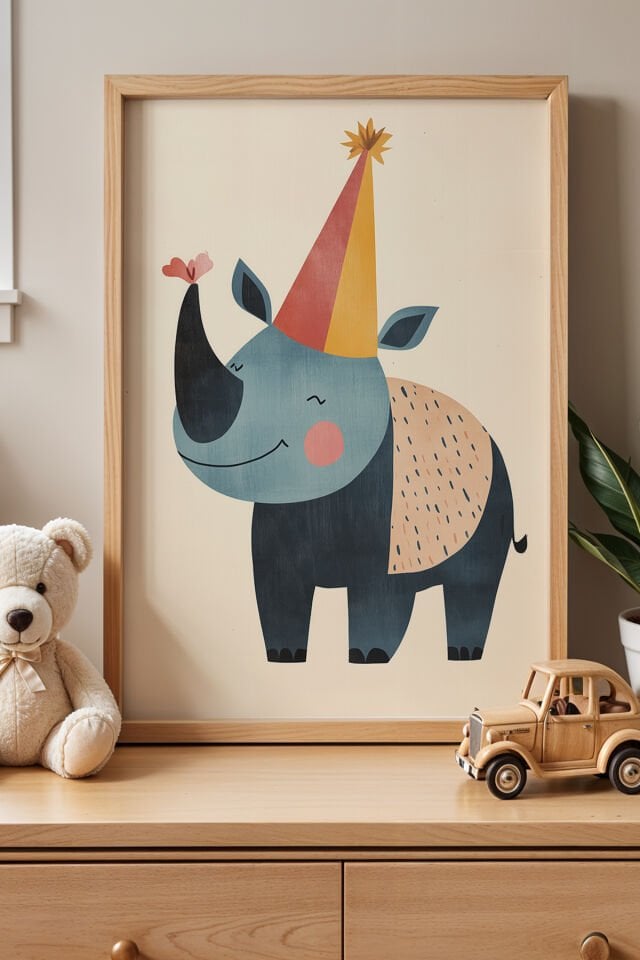 DOĞAL AHŞAP - Sevimli Gergedan Çocuk Ve Bebek Odası Ahşap Çerçeveli Duvar Tablosu