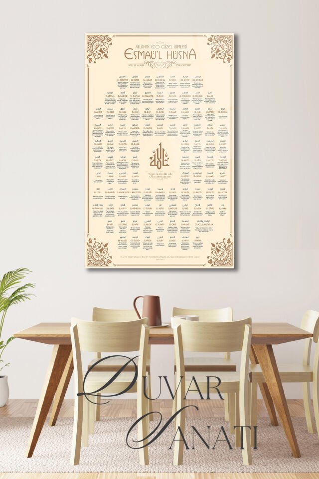 Esmaül Hüsna Allah'ın İsimleri Dikey Cam Tablo,Dini İslami Modern Ev Ofis Salon Dekoru , Hediyelik Krem Kahverengi