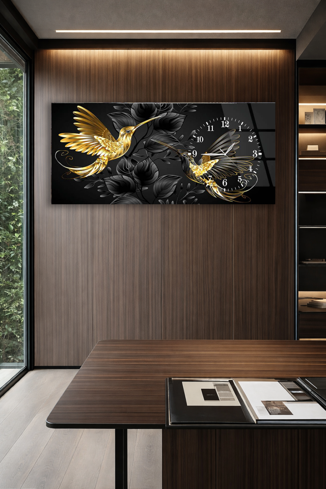 KIRILMAZ CAM DUVAR SAATİ , HEM TABLO HEM SAAT ALTIN SİNEK KUŞU LÜKS TASARIM EV OFİS HEDİYESİ