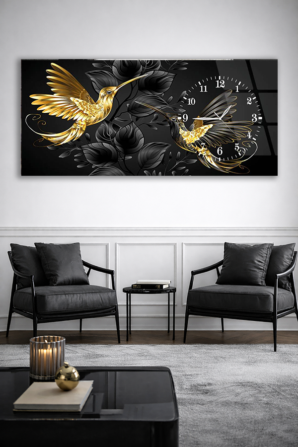 KIRILMAZ CAM DUVAR SAATİ , HEM TABLO HEM SAAT ALTIN SİNEK KUŞU LÜKS TASARIM EV OFİS HEDİYESİ