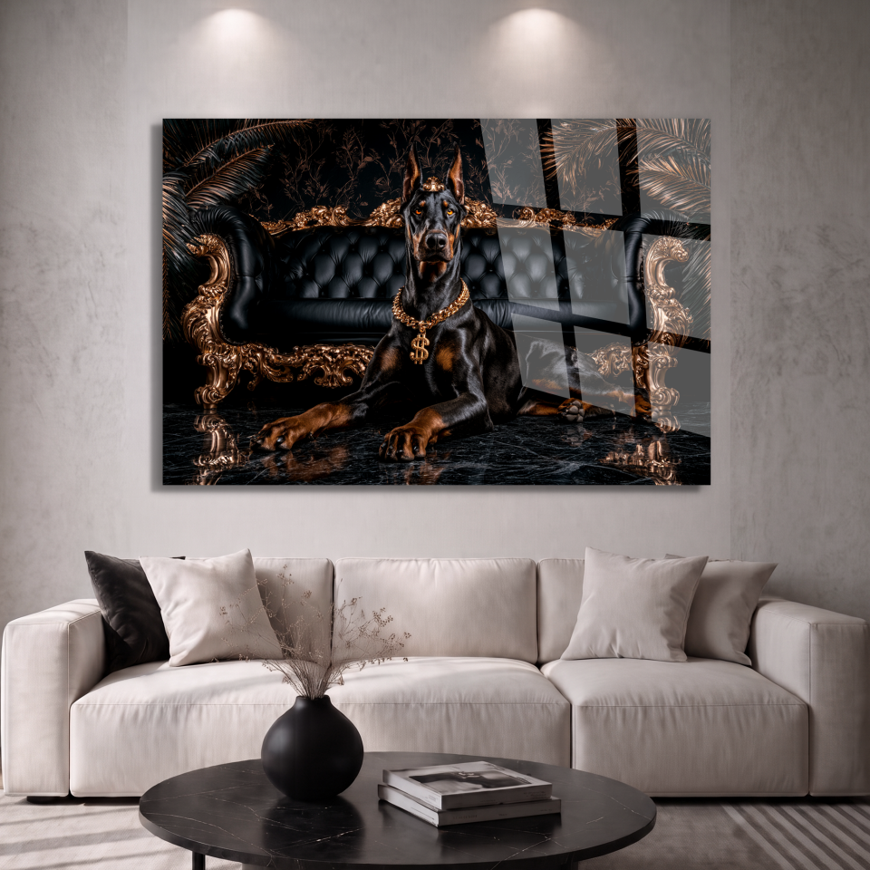 KIRILMAZ CAM TABLO LÜKS DOBERMAN KÖPEĞİ GOLD KOLYELİ PRESTİJLİ MODERN SALON OFİS DUVAR DEKORU