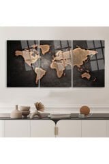3 LÜ RETRO KAHVERENGİ DÜNYA HARİTASI PARÇALI SET TABLO KIRILMAZ LÜKS CAM TABLO EV HEDİYESİ