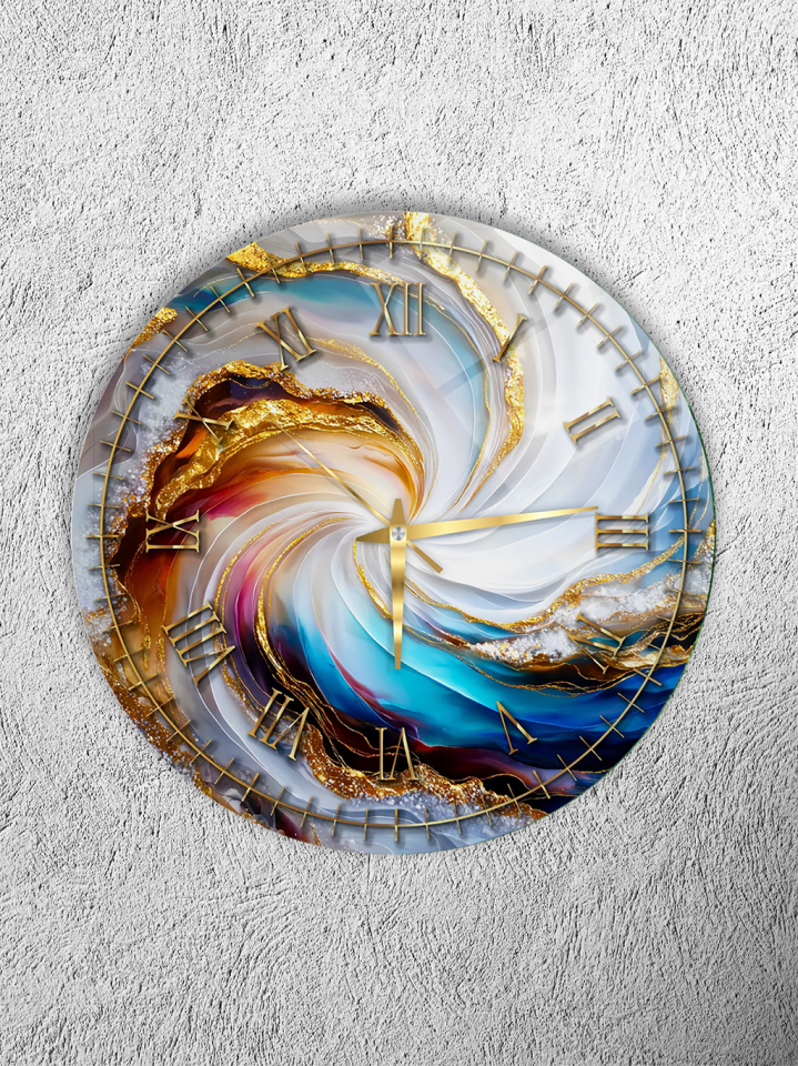 KIRILMAZ CAM DUVAR SAATİ, HEM TABLO HEM SAAT RENKLİ MERMER AKIŞ GOLD DETAYLI SOYUT TASARIM EV OFİS HEDİYESİ