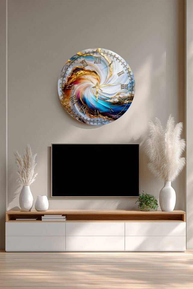 KIRILMAZ CAM DUVAR SAATİ, HEM TABLO HEM SAAT RENKLİ MERMER AKIŞ GOLD DETAYLI SOYUT TASARIM EV OFİS HEDİYESİ