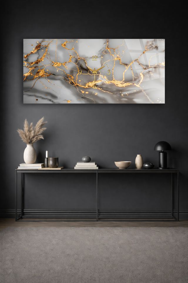 KIRILMAZ CAM DUVAR SAATİ , HEM TABLO HEM SAAT ALTIN DAMARLI MERMER TASARIM EV OFİS HEDİYESİ