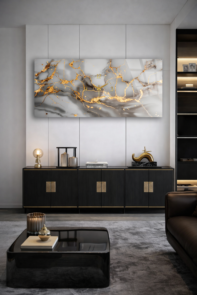 KIRILMAZ CAM DUVAR SAATİ , HEM TABLO HEM SAAT ALTIN DAMARLI MERMER TASARIM EV OFİS HEDİYESİ