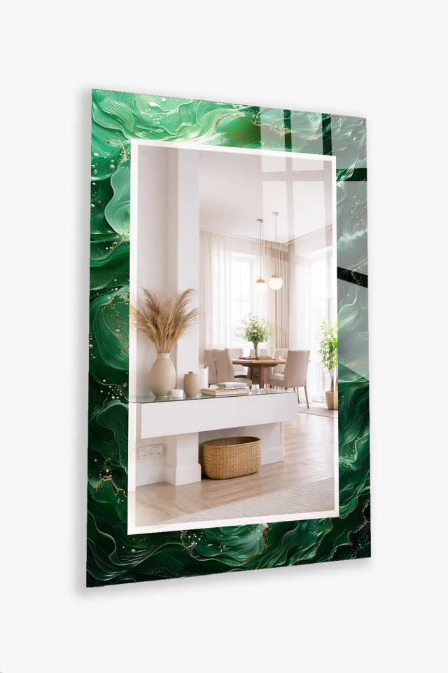 HEM TABLO HEM AYNA ZÜMRÜT YEŞİL AKIŞKAN SANAT CAM DUVAR AYNASI EV DEKORU