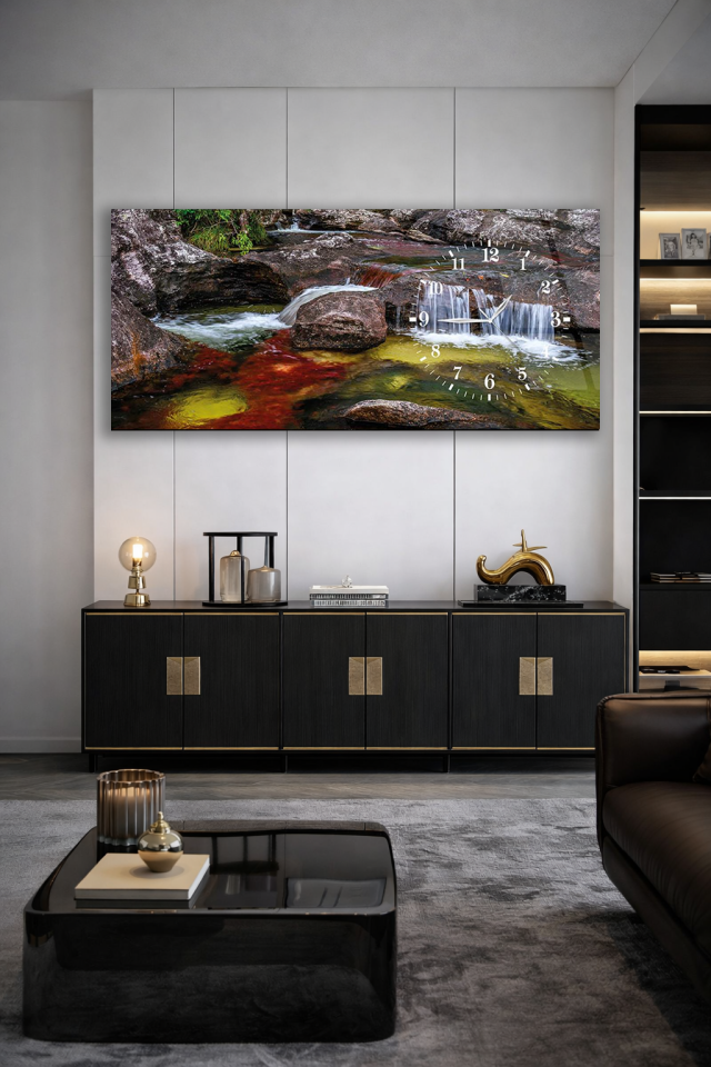 KIRILMAZ CAM DUVAR SAATİ , HEM TABLO HEM SAAT DOĞA ŞELALE MANZARALI MODERN EV OFİS HEDİYESİ