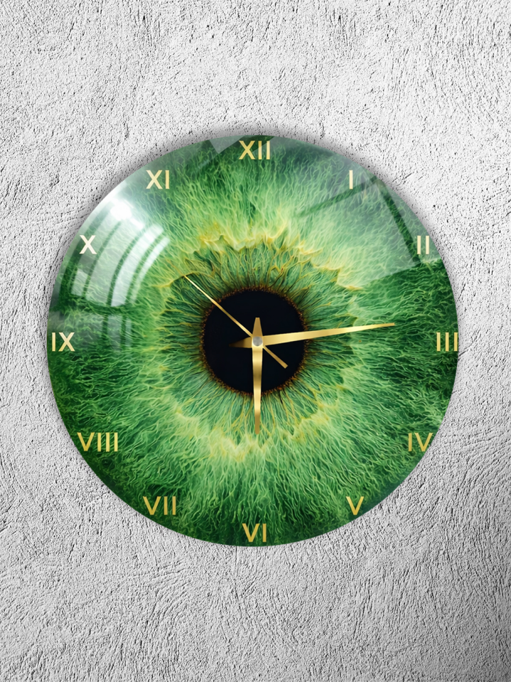KIRILMAZ CAM DUVAR SAATİ, HEM TABLO HEM SAAT YEŞİL GÖZ İRİS DESEN SANATSAL TASARIM EV OFİS HEDİYESİ