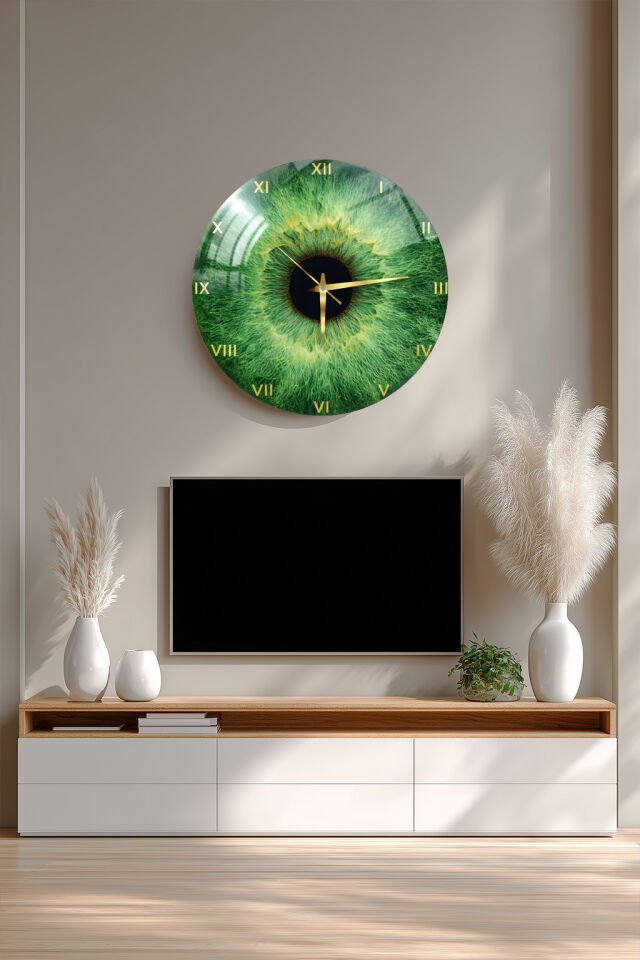 KIRILMAZ CAM DUVAR SAATİ, HEM TABLO HEM SAAT YEŞİL GÖZ İRİS DESEN SANATSAL TASARIM EV OFİS HEDİYESİ