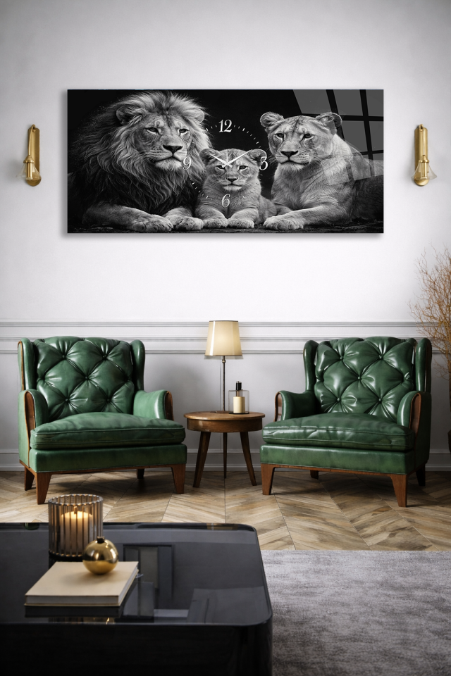 KIRILMAZ CAM DUVAR SAATİ , HEM TABLO HEM SAAT ASLAN AİLESİ SİYAH BEYAZ SANATSAL EV OFİS HEDİYESİ