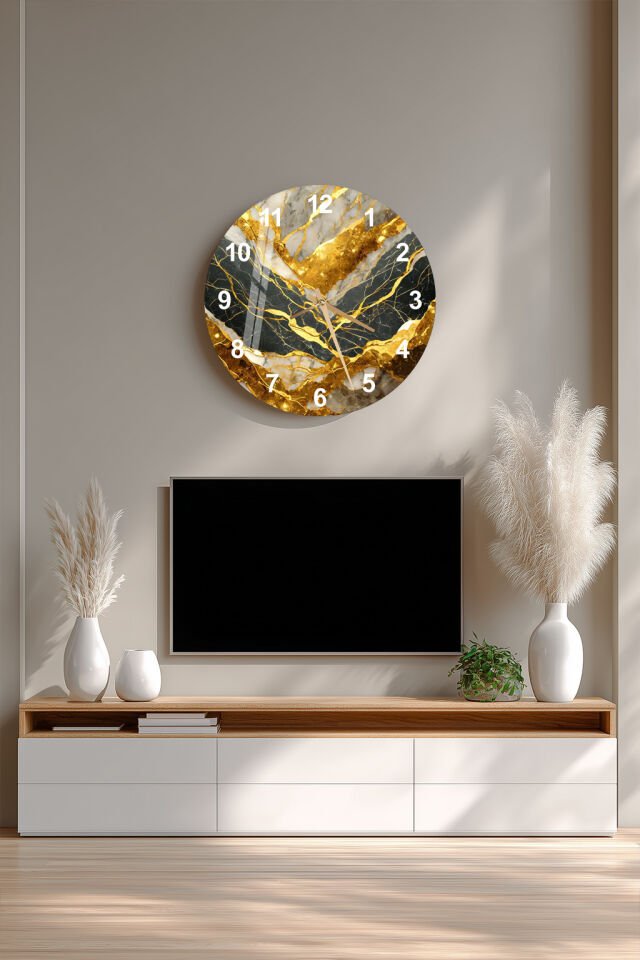 KIRILMAZ CAM DUVAR SAATİ , HEM TABLO HEM SAAT BEYAZ SİYAH ALTIN MERMER DESENLİ PREMİUM EV OFİS HEDİYESİ