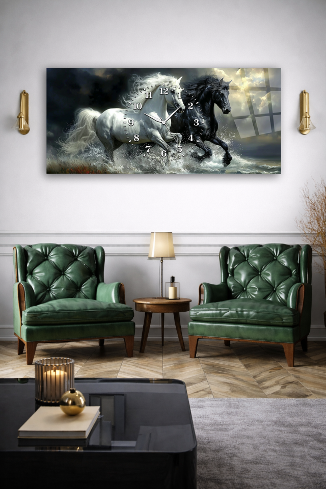 KIRILMAZ CAM DUVAR SAATİ , HEM TABLO HEM SAAT BEYAZ VE SİYAH AT FİGÜRLÜ TASARIM EV OFİS HEDİYESİ