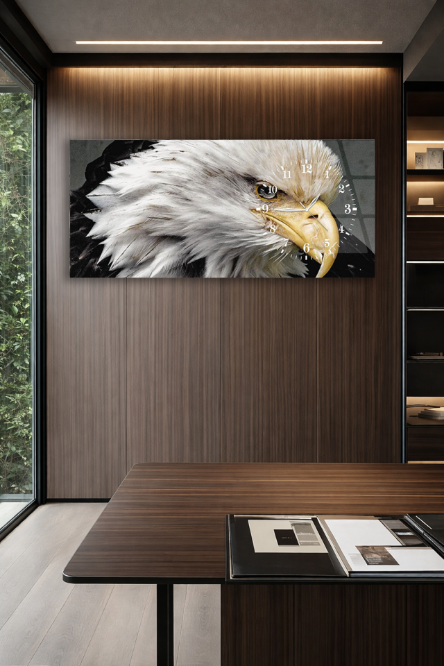 KIRILMAZ CAM DUVAR SAATİ , HEM TABLO HEM SAAT KARTAL PORTRESİ CAM DUVAR SAATİ MODERN DEKOR