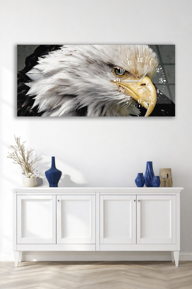 KIRILMAZ CAM DUVAR SAATİ , HEM TABLO HEM SAAT KARTAL PORTRESİ CAM DUVAR SAATİ MODERN DEKOR
