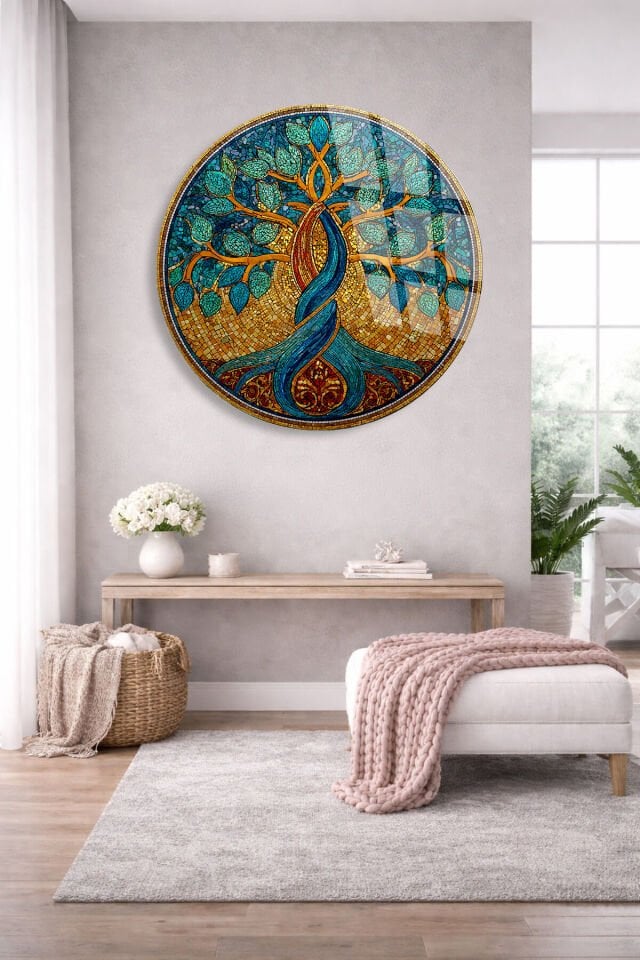 KIRILMAZ CAM TABLO – TURKUAZ HAYAT AĞACI ALTIN MOZAİK SANAT TASARIMI