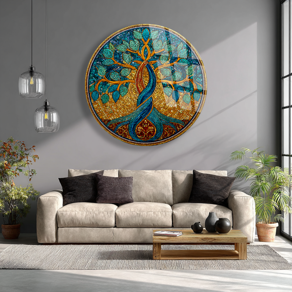 KIRILMAZ CAM TABLO – TURKUAZ HAYAT AĞACI ALTIN MOZAİK SANAT TASARIMI