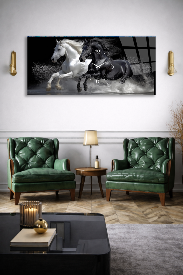 KIRILMAZ CAM DUVAR SAATİ , HEM TABLO HEM SAAT SİYAH BEYAZ AT FIGÜRÜ MODERN TASARIM EV OFİS HEDİYESİ