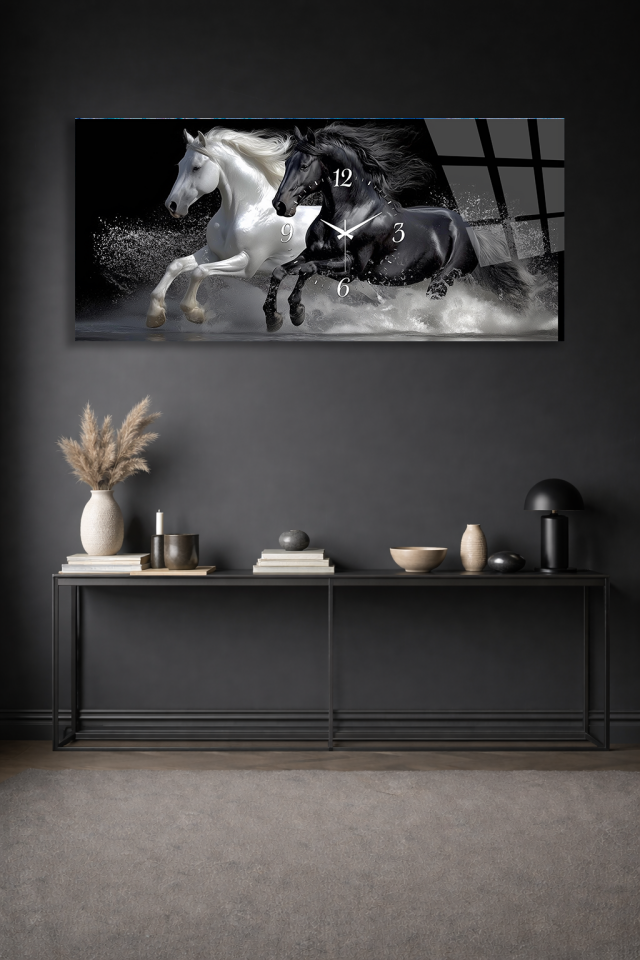 KIRILMAZ CAM DUVAR SAATİ , HEM TABLO HEM SAAT SİYAH BEYAZ AT FIGÜRÜ MODERN TASARIM EV OFİS HEDİYESİ