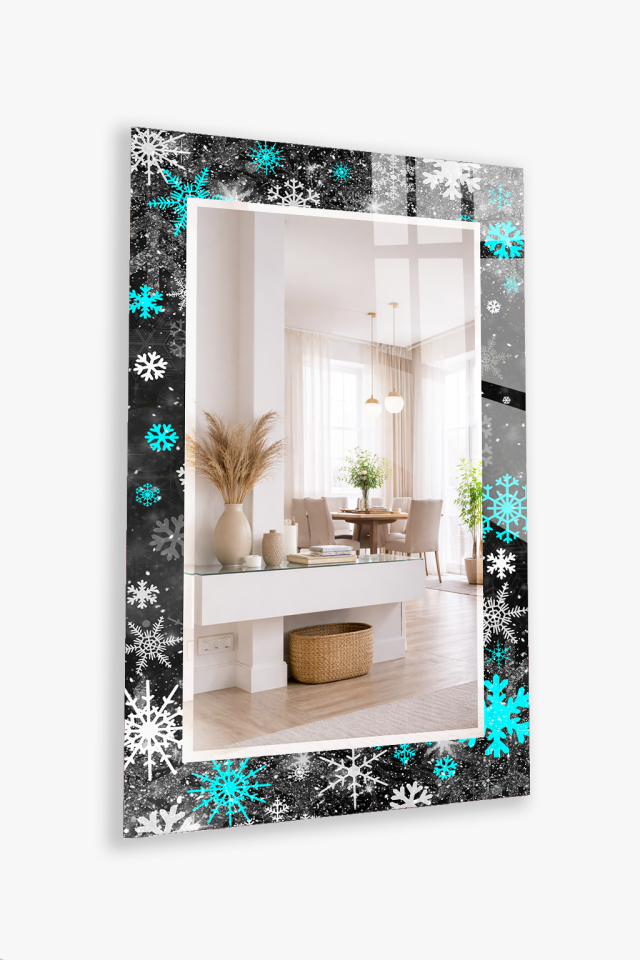HEM TABLO HEM AYNA KIŞ TEMALI KAR TANESİ DESEN CAM DUVAR AYNASI EV DEKORU