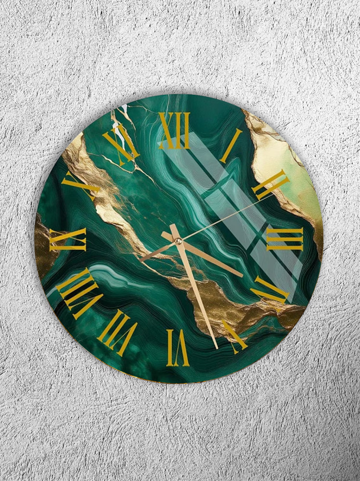KIRILMAZ CAM DUVAR SAATİ , HEM TABLO HEM SAAT ZÜMRÜT YEŞİLİ ALTIN DAMARLI ROMEN RAKAMLI LÜKS EV OFİS HEDİYESİ