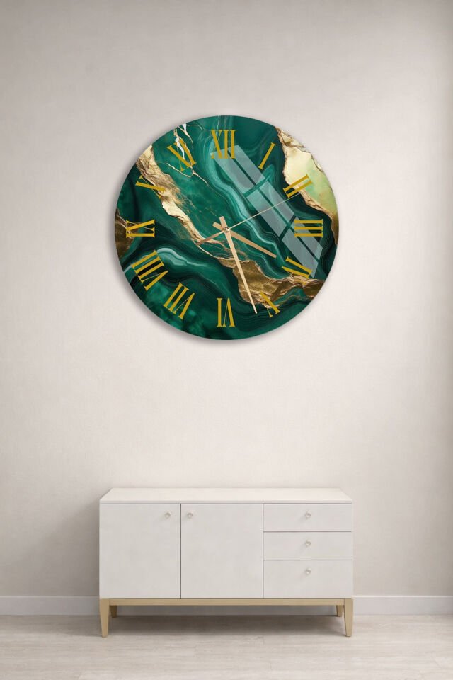 KIRILMAZ CAM DUVAR SAATİ , HEM TABLO HEM SAAT ZÜMRÜT YEŞİLİ ALTIN DAMARLI ROMEN RAKAMLI LÜKS EV OFİS HEDİYESİ