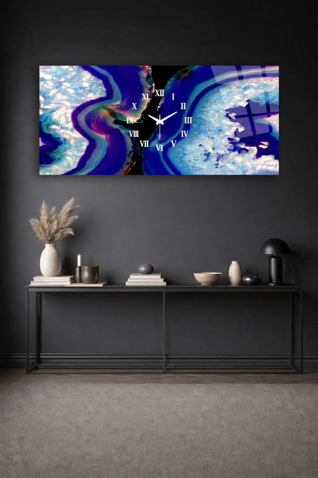 KIRILMAZ CAM DUVAR SAATİ , HEM TABLO HEM SAAT MAVİ AGAT DOĞAL TAŞ DESEN EV OFİS HEDİYESİ