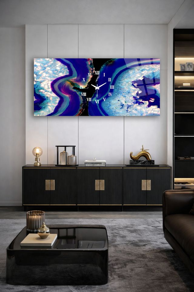 KIRILMAZ CAM DUVAR SAATİ , HEM TABLO HEM SAAT MAVİ AGAT DOĞAL TAŞ DESEN EV OFİS HEDİYESİ