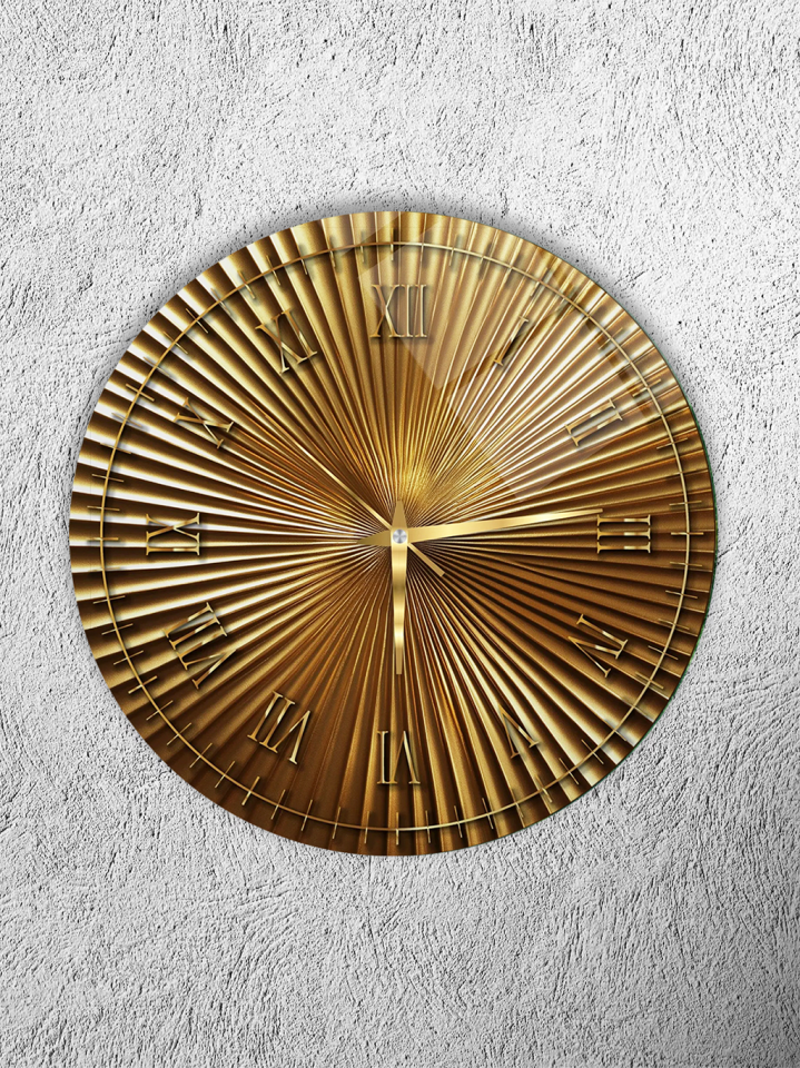 KIRILMAZ CAM DUVAR SAATİ, HEM TABLO HEM SAAT GOLD GÜNEŞ IŞINLI LÜKS TASARIM ROMA RAKAMLI EV OFİS HEDİYESİ