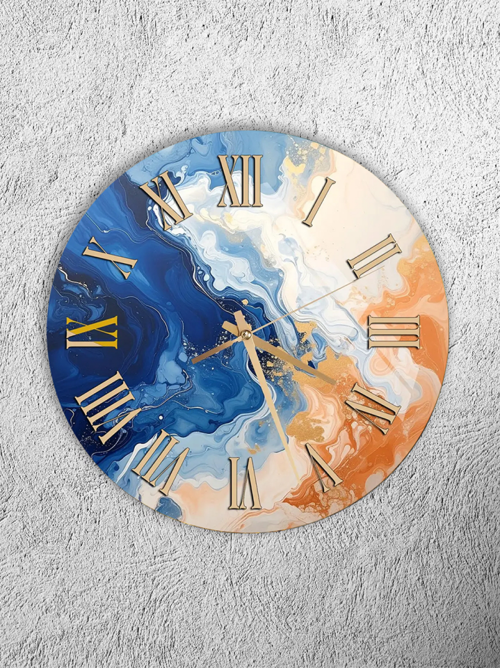 KIRILMAZ CAM DUVAR SAATİ , HEM TABLO HEM SAAT MAVİ TURUNCU SOYUT SANAT DESENLİ MODERN EV OFİS HEDİYESİ