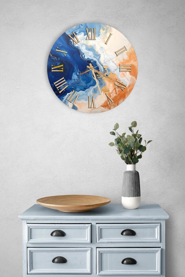 KIRILMAZ CAM DUVAR SAATİ , HEM TABLO HEM SAAT MAVİ TURUNCU SOYUT SANAT DESENLİ MODERN EV OFİS HEDİYESİ