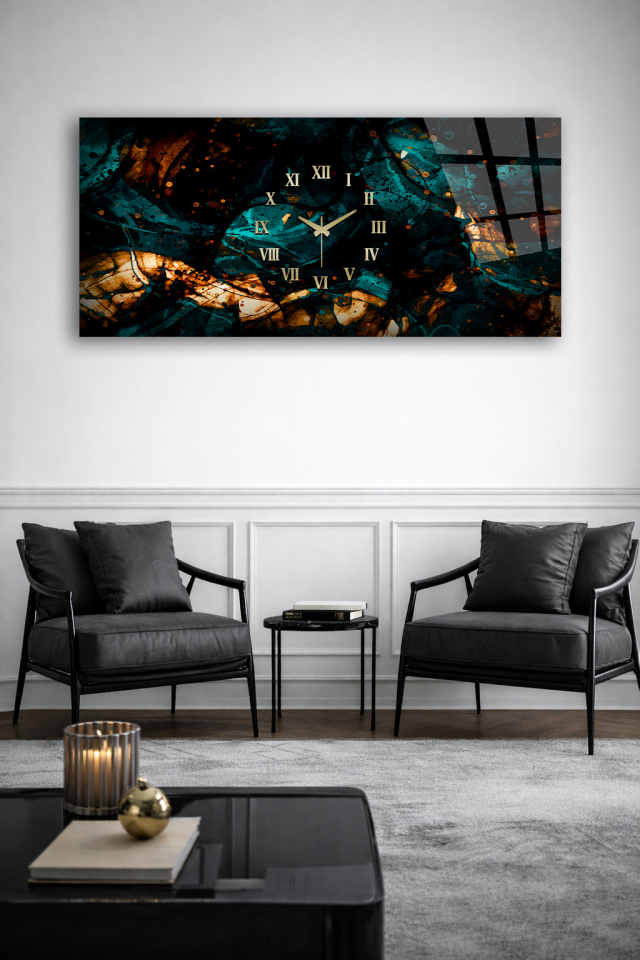 KIRILMAZ CAM DUVAR SAATİ , HEM TABLO HEM SAAT SOYUT TURKUAZ ALTIN DOKU MODERN EV OFİS HEDİYESİ