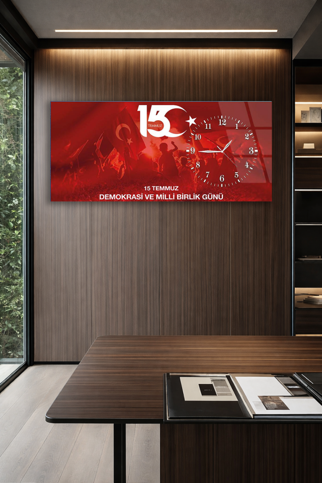 KIRILMAZ CAM DUVAR SAATİ , HEM TABLO HEM SAAT 15 TEMMUZ DEMOKRASİ VE MİLLİ BİRLİK TEMALI CAM SAAT