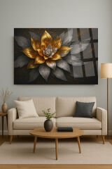 ALTIN DAMLA DETAYLI LOTUS KIRILMAZ CAM TABLO LÜKS MODERN TABLO EV HEDİYESİ