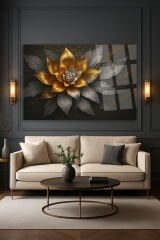 ALTIN DAMLA DETAYLI LOTUS KIRILMAZ CAM TABLO LÜKS MODERN TABLO EV HEDİYESİ