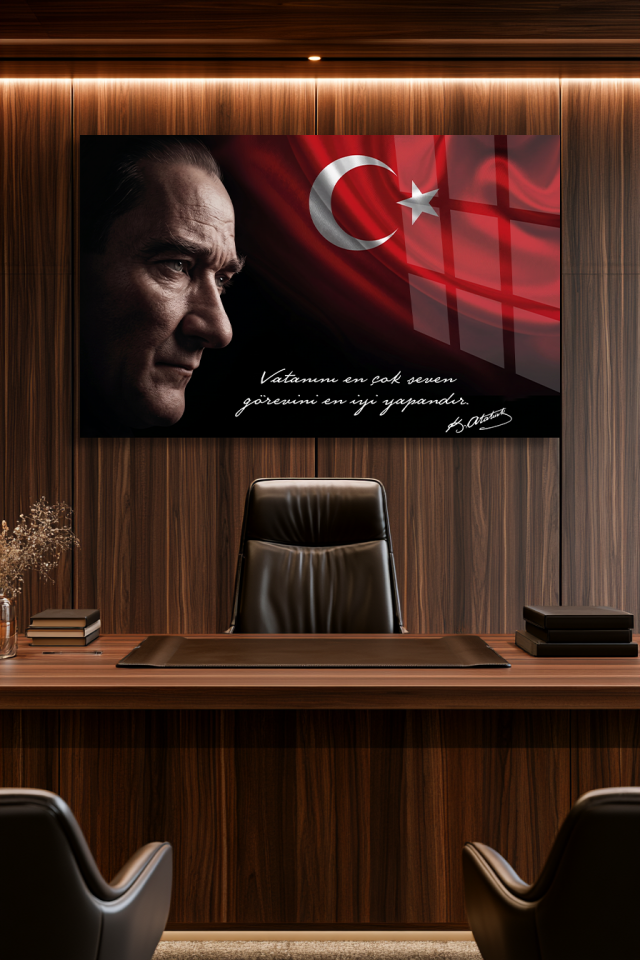 KIRILMAZ CAM TABLO MUSTAFA KEMAL ATATÜRK PORTRESİ TÜRK BAYRAĞI VE İMZALI SÖZ TASARIMI MAKAM ODASI OFİS DUVAR DEKORU