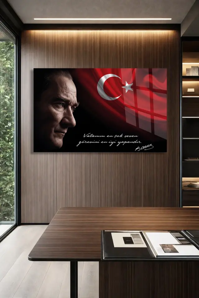KIRILMAZ CAM TABLO MUSTAFA KEMAL ATATÜRK PORTRESİ TÜRK BAYRAĞI VE İMZALI SÖZ TASARIMI MAKAM ODASI OFİS DUVAR DEKORU