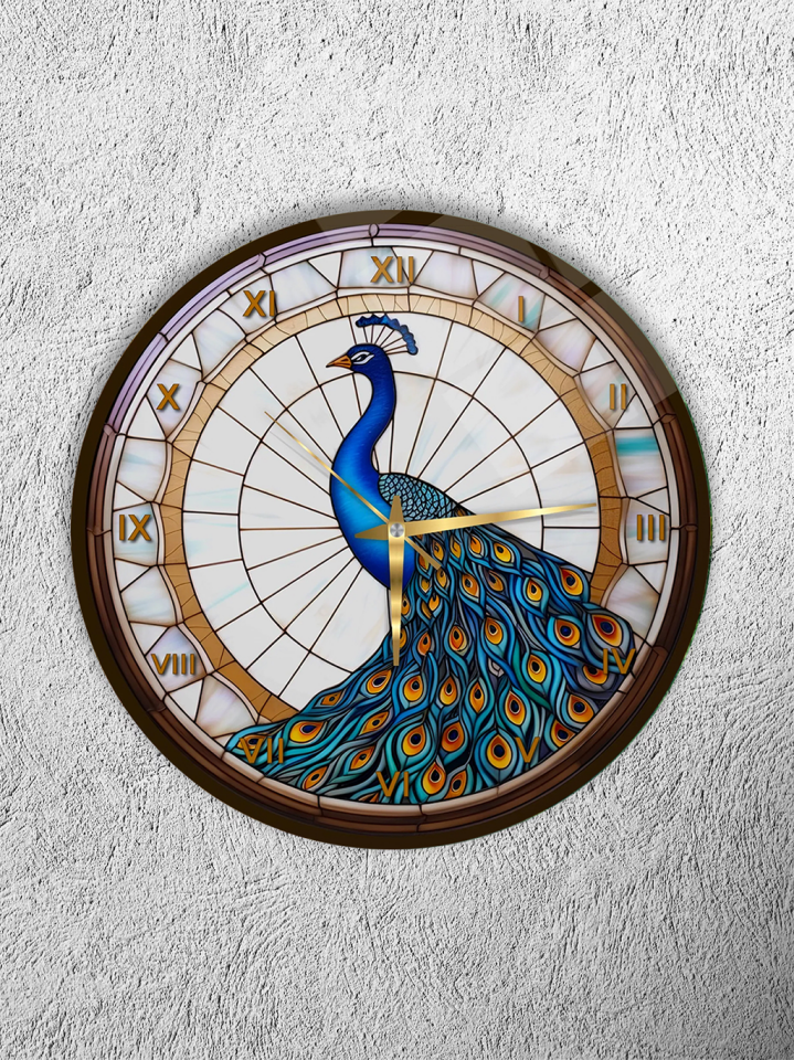KIRILMAZ CAM DUVAR SAATİ, HEM TABLO HEM SAAT TAVUS KUŞU VİTRAY SANAT TASARIMI EV OFİS HEDİYESİ