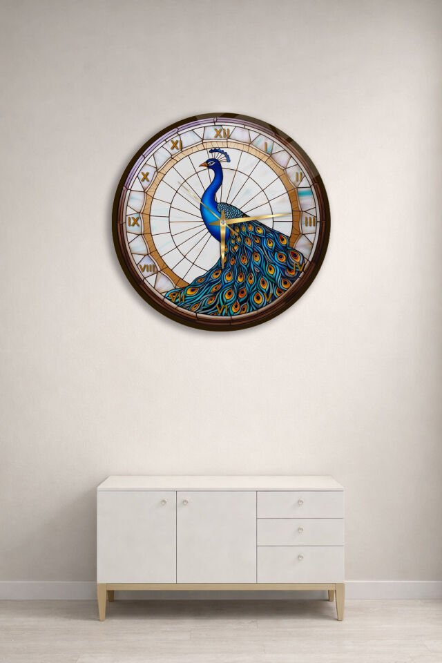 KIRILMAZ CAM DUVAR SAATİ, HEM TABLO HEM SAAT TAVUS KUŞU VİTRAY SANAT TASARIMI EV OFİS HEDİYESİ