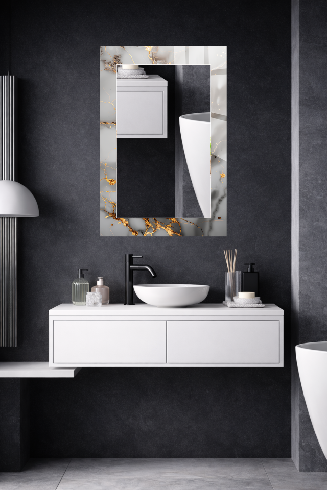 HEM TABLO HEM AYNA GRİ ALTIN DAMAR MERMER DESEN CAM DUVAR AYNASI EV DEKORU