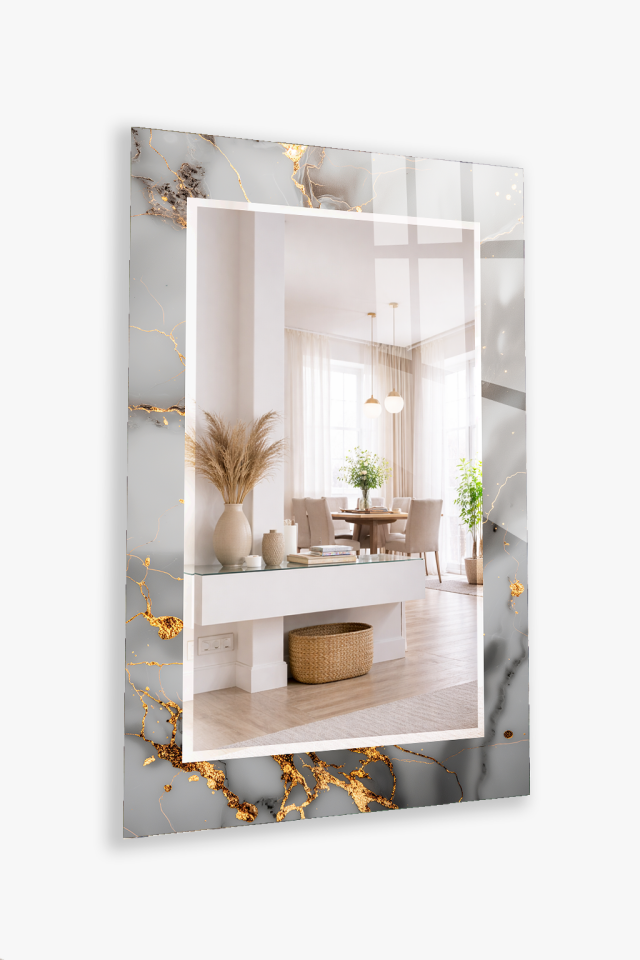 HEM TABLO HEM AYNA GRİ ALTIN DAMAR MERMER DESEN CAM DUVAR AYNASI EV DEKORU