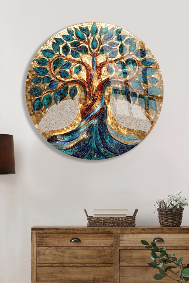 KIRILMAZ CAM TABLO – ALTIN VE TURKUAZ HAYAT AĞACI LÜKS MOZAİK SANAT TASARIMI