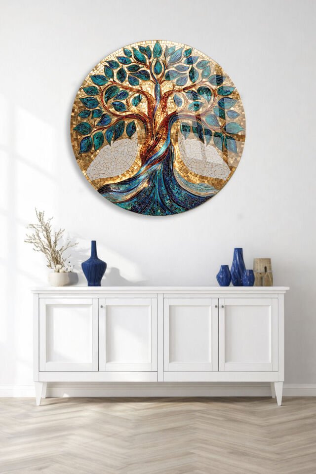 KIRILMAZ CAM TABLO – ALTIN VE TURKUAZ HAYAT AĞACI LÜKS MOZAİK SANAT TASARIMI