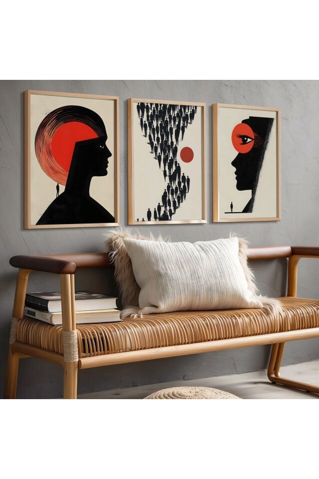 DOĞAL AHŞAP - Abstract Red Minimalist Üçlü Doğal Ahşap Çerçeveli Duvar Tablo Seti