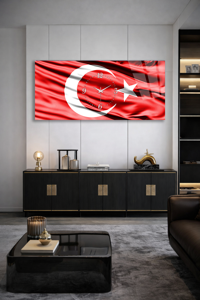 KIRILMAZ CAM DUVAR SAATİ , HEM TABLO HEM SAAT TÜRK BAYRAĞI AY YILDIZ TEMALI EV OFİS HEDİYESİ