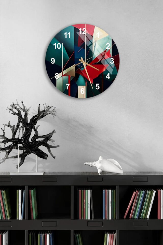 KIRILMAZ CAM DUVAR SAATİ , HEM TABLO HEM SAAT GEOMETRİK SOYUT RENKLİ TASARIM MODERN EV OFİS HEDİYESİ