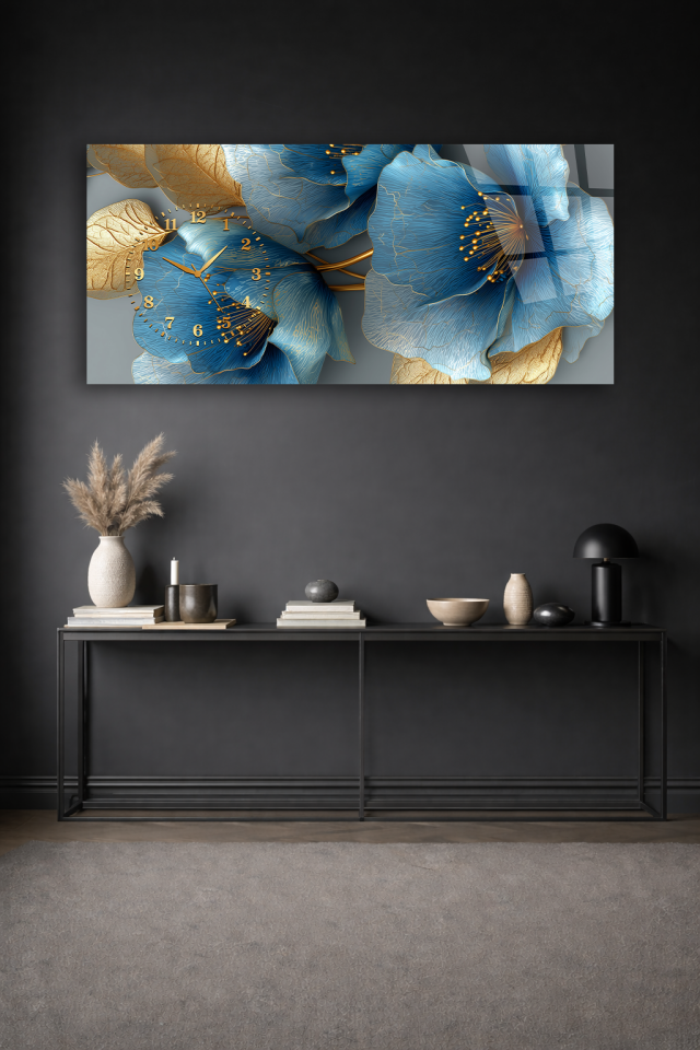 KIRILMAZ CAM DUVAR SAATİ , HEM TABLO HEM SAAT MAVİ ALTIN ÇİÇEKLİ SANATSAL TASARIM EV OFİS HEDİYESİ