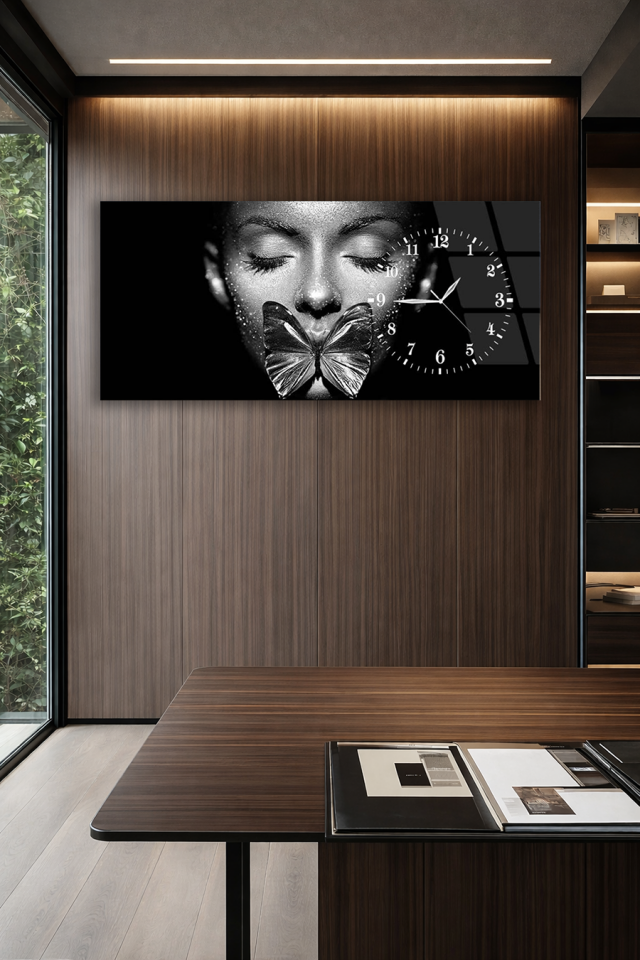 KIRILMAZ CAM DUVAR SAATİ , HEM TABLO HEM SAAT SİYAH BEYAZ KELEBEK SANAT TASARIMI EV OFİS HEDİYESİ